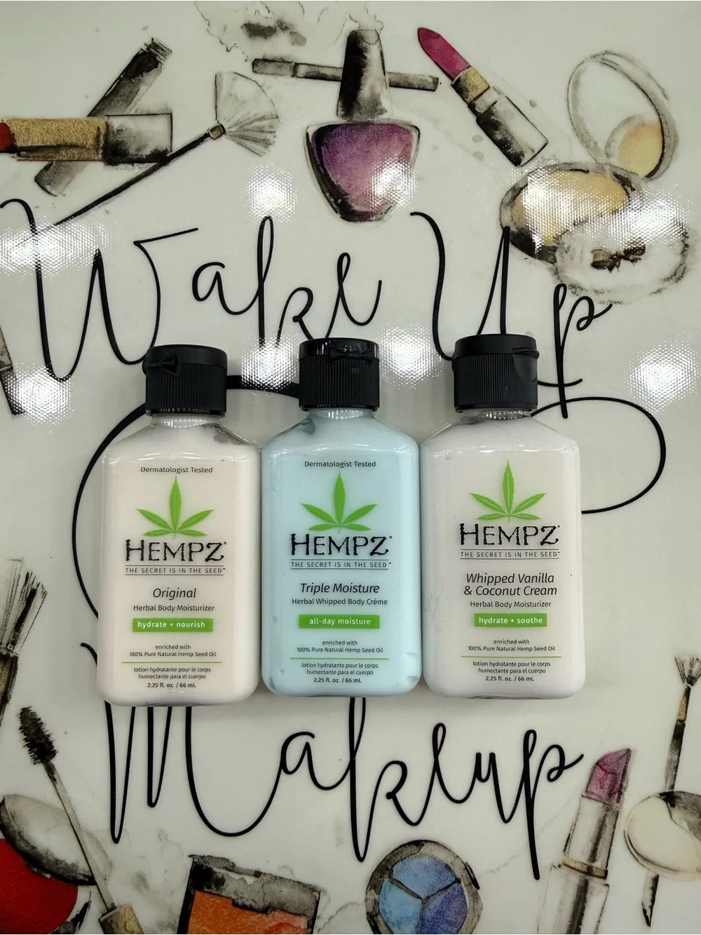 Hempz Body Moisturizer Trio – White, Light Blue, Cream Bottles